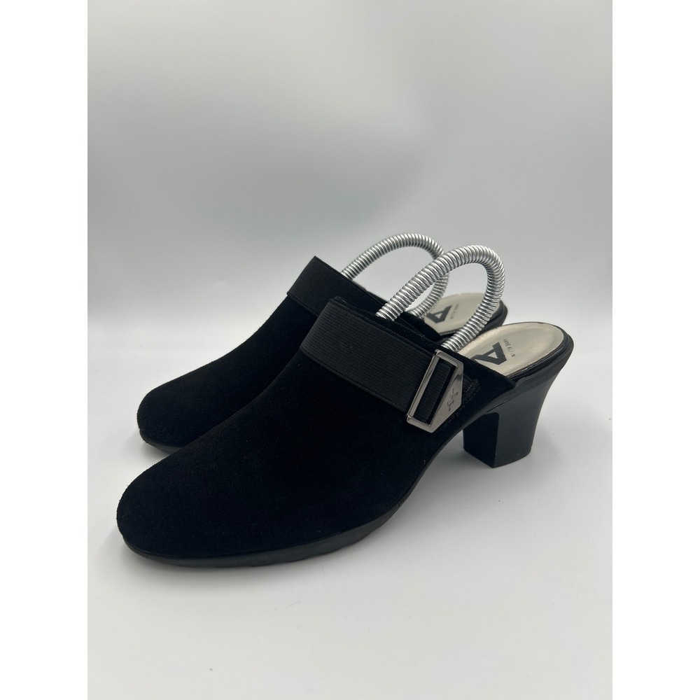AK Anne Klein Womens Black Suede‎ Block Heel Mules Buckle Slip On Shoes Size 8.5
